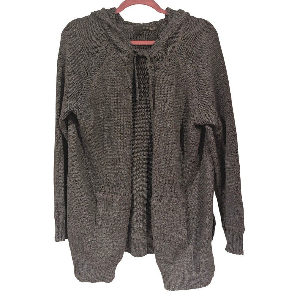 360Sweater Womens Gray Italian Yarn Hooded Open Front Cardigan Sweater Large L